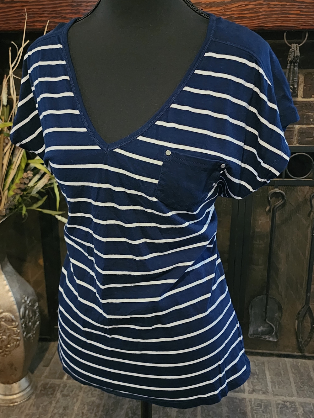 Classic Navy Striped V-Neck Pocket Tee